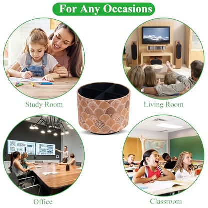 Round Leather Art Supply Organizer,Remote Control Holder,360-degree Rotating Pen Organizer with 4 Compartments(1-Peacock Copper) - color: 1-5Peacock Copper