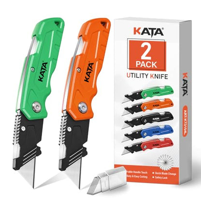 KATA Folding Utility Knife Set, 2 Pack Box Cutter with Extra 10 SK5 Blades - color: Green/Orange