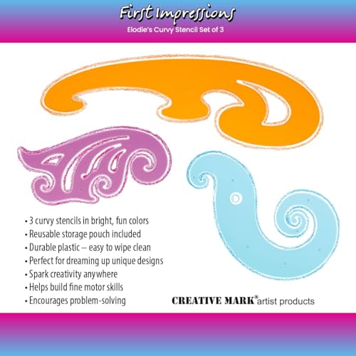 Elodie's Curvy Stencils by First Impressions - Durable Drafting Tools with French Curve Ruler & Drawing Shape Stencil for Imaginative Designs - Includes 3 Stencils & Reusable Storage Pouch