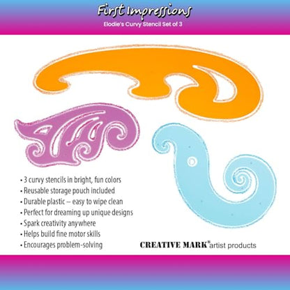 Elodie's Curvy Stencils by First Impressions - Durable Drafting Tools with French Curve Ruler & Drawing Shape Stencil for Imaginative Designs - Includes 3 Stencils & Reusable Storage Pouch
