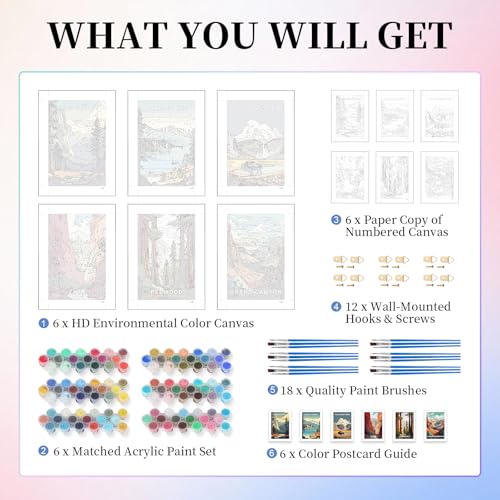 6 Pack Paint by Numbers Kit for Adults, National Parks Canvas Painting Set - color: Park-2