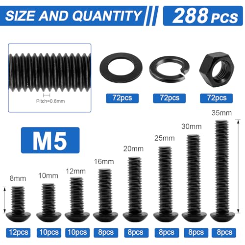 288Pcs UIETUIL M5 Hex Socket Button Head Screws Kit, M5x8-35mm, 10.9 - size: M5 Button 10.9 - 288PCS