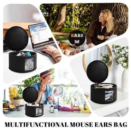 Chenille Letter Bow Mouse Ears Travel Case, Large Round Tote Storage Box - color: Black Chenille Letters