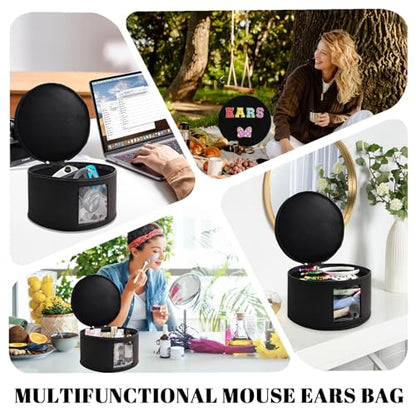 Chenille Letter Bow Mouse Ears Travel Case, Large Round Tote Storage Box - color: Black Chenille Letters