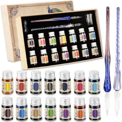 Calligraphy Pens, Dip Pen Set with 14 Color Inks, Glass Writing Instrument for Beginners