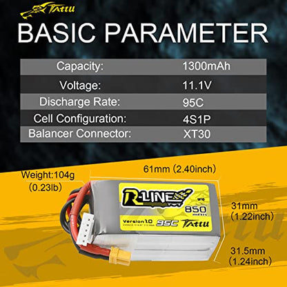 Tattu 850mAh 4s 95C 14.8V R-Line Lipo Battery Pack with XT30 Plug - size: 1 Pcs