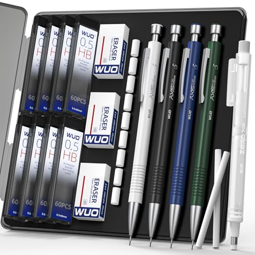 WUO 0.5 mm Mechanical Pencils with Eraser Pen Storage Case, 4 PCS - color: Multicolor1 - 0.5mm (4 Pack)