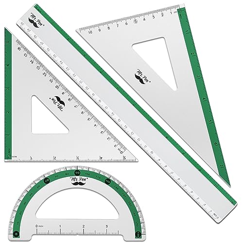 Mr. Pen- Metal Geometry Kit, 4 Pack, 45° & 30°/60° Set Squares - color: Green Stripes