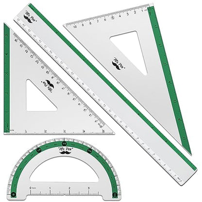 Mr. Pen- Metal Geometry Kit, 4 Pack, 45° & 30°/60° Set Squares - color: Green Stripes