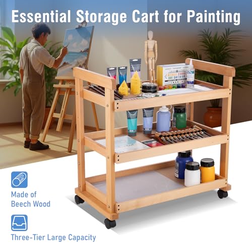 Falling in Art 3-Tier Beechwood Rolling Cart with Caster Wheels, Natural - color: Natural