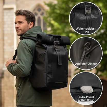 Besnfoto Waterproof Camera Backpack Rolltop Laptop Bag for DSLR Mirrorless - color: Black Ii