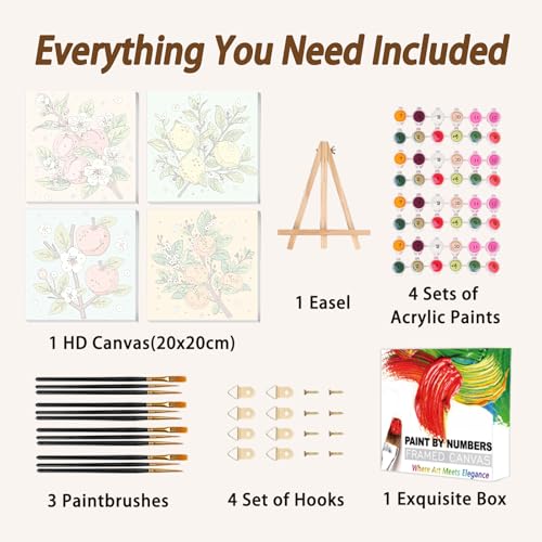 AUKELHJ 4 Pack Framed Paint by Numbers Kit for Adults, Fruit, 8x8 Inch - color: 05-Fruit