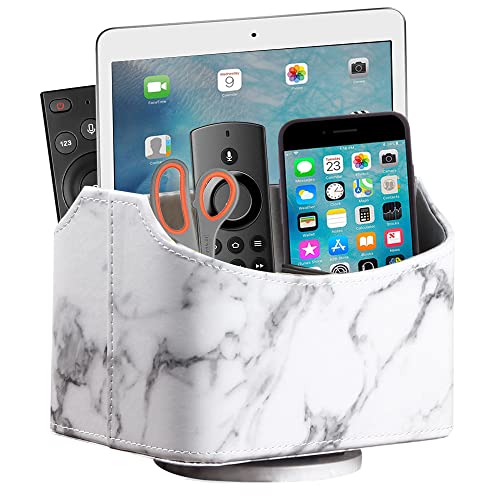 PU Leather Remote Control Holder,360 Degree Spinning Desk TV Remote Caddy,Desk Organizers and Accessories,for Controller,Media,Mail,Calculator,Mobile Phone,Pen Storage Holder(White Marble) - color: White Marble