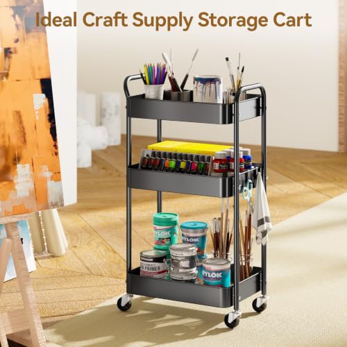 YASONIC 3-Tier Metal Rolling Cart Utility Carts with Wheels Black - color: Black