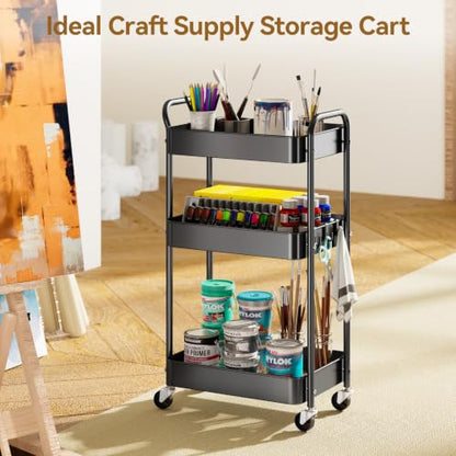 YASONIC 3-Tier Metal Rolling Cart Utility Carts with Wheels Black - color: Black
