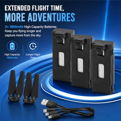 Drone Battery 3PCS 3.7V 1800mAh with 4Pcs Propeller Blades, Mini Propellers Accessories Drone Battery with Blades for E88 E88PRO E525 E99 E99PRO P1 K3 S1 RC UAV Battery Plug and Play
