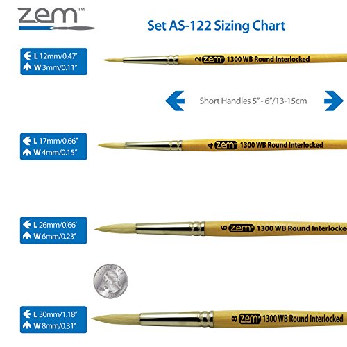 ZEM Brush Interlocked White Hog Bristle Artist Brush Set Rounds 2,4,6,8
