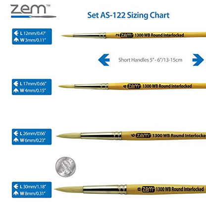 ZEM Brush Interlocked White Hog Bristle Artist Brush Set Rounds 2,4,6,8