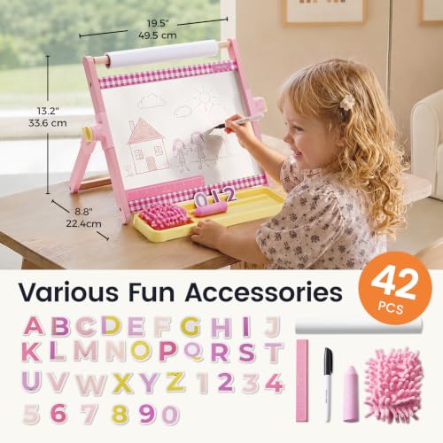 Tiny Land Tabletop Kids Art Easel, 5-Level Magnetic Drawing Board - color: Pink
