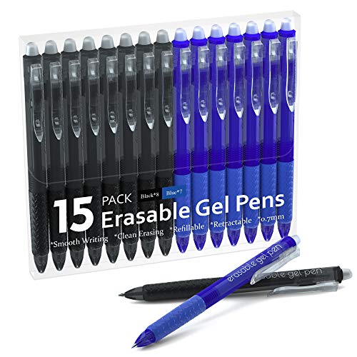 Lineon Erasable Gel Pens, 15 Pack Retractable Erasable Pens Clicker, Fine Point, Make Mistakes Disappear, 8 Black 7 Blue Inks for School & Office - color: 15 Pack Black Blue, size: 15 Count (Pack of 1)