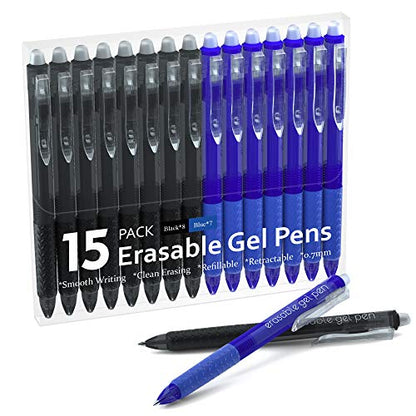 Lineon Erasable Gel Pens, 15 Pack Retractable Erasable Pens Clicker, Fine Point, Make Mistakes Disappear, 8 Black 7 Blue Inks for School & Office - color: 15 Pack Black Blue, size: 15 Count (Pack of 1)