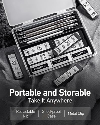 Mechanical Pencil Set, 0.9mm 4-Pack with Case, Metal Body, Break-Resistant - style: 0.9MM