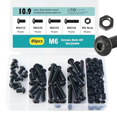 M6 x 10mm 20mm 30mm 40mm Button Head Socket Cap Screws Bolts and Nuts, 10.9 Grade Alloy Steel, Black Oxide Finish, Metric Allen Hex Drive, Fully Thread, Assortment Kit 80PCS - size: Button M6x10-40mm+Nuts