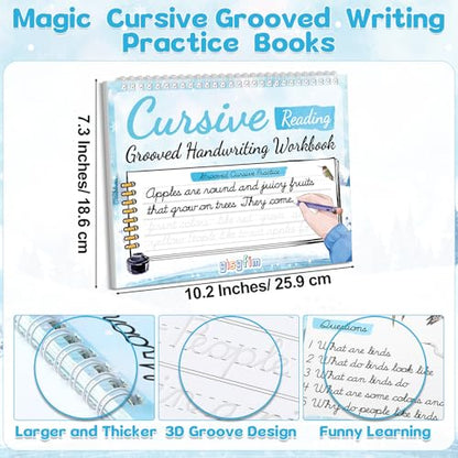 gisgfim Grooved Cursive Handwriting Workbook Magic Reusable Grooved Cursive Handwriting Practice Guided Tracing with Disappearing Ink Pens for Beginners Kids Learning Activities Supplies (Reading) - style: Reading