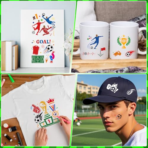 DPKOW 16Pcs Soccer Stencils for Painting Crafts, Reusable Sports Stencils Templates World Soccer Crafts Supplies Football Action Trophy Templates, DIY Scrapbooking on Wood/Floor/Canvas/Wall/Face/Paper