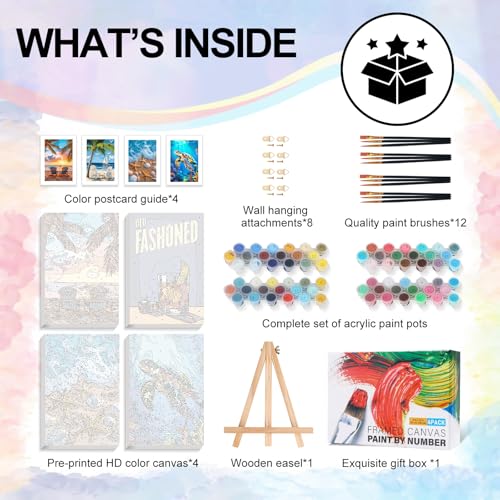 4 Pack Framed Paint by Numbers Kit for Adults with Wooden Easel, Beach - color: YOP4P07
