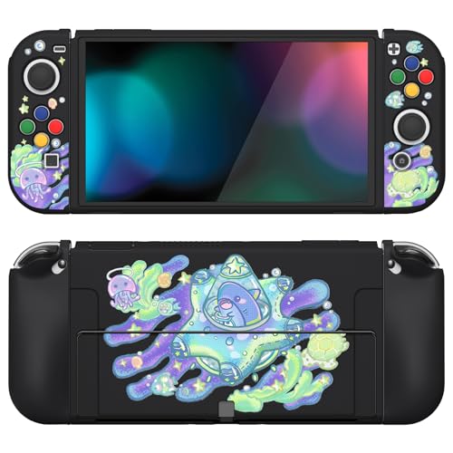 PlayVital ZealProtect Soft Protective Case for Nintendo Switch OLED, Flexible Protector Joycon Grip Cover for Nintendo Switch OLED with Thumb Grips & ABXY Direction Button Cap - Shark Quest - color: Shark Quest