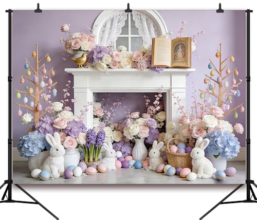 7x5FT Easter Backdrop Pastel Purple Floral Wall with Bunny Easter Eggs Background for Spring Themed Baby Birthday Shower Party Decor Vinyl
