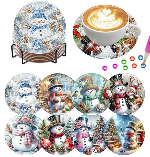 8Pc Diamond Art Coasters Holder Cork Pads, Diamond Painting Coasters 4x4 In - color: Christmas Diamond Art Coasters Snowman