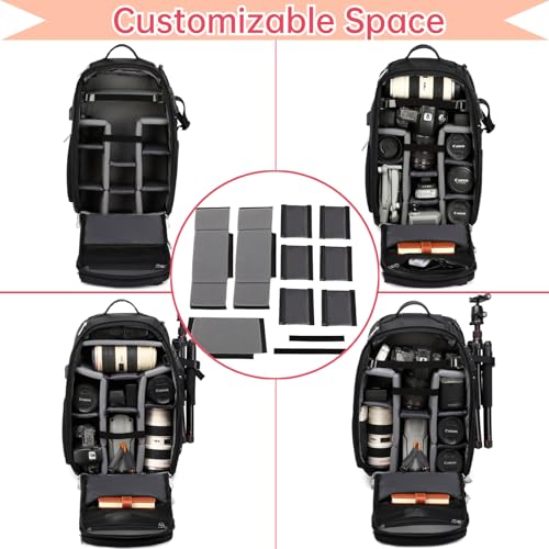 Camera Backpack Large, Waterproof Camera Bag for Mirrorless and DSLR with TSA Lock,Quick Access,17-Inch Laptop Compartment, Adjustable Straps - Fits Camera Stabilizer,Drone, Black