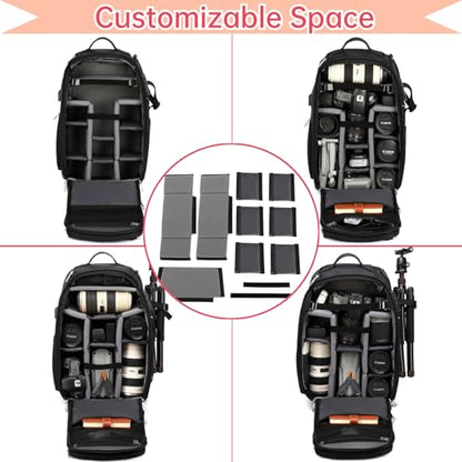 Camera Backpack Large, Waterproof Camera Bag for Mirrorless and DSLR with TSA Lock,Quick Access,17-Inch Laptop Compartment, Adjustable Straps - Fits Camera Stabilizer,Drone, Black