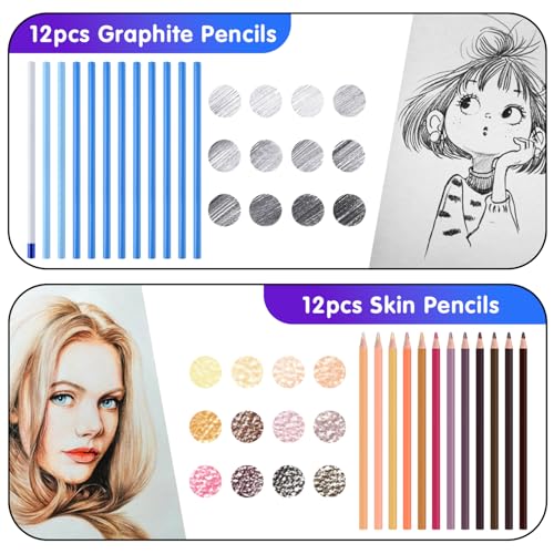 Professional Drawing Set,12 Colored Pencils,12 Graphite Pencils,Eraser,Case - color: Set-Skin