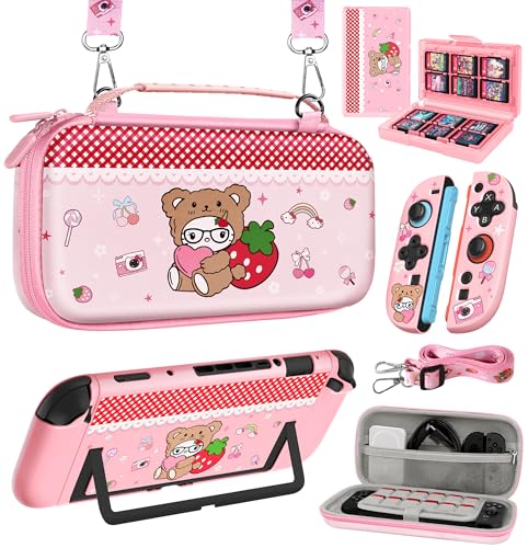 Gurgitat 6in1 Kits Accessories Bundle for Nintendo Switch 2 2025 - Cute Carrying Case, Protective Cover, Joy Con Grips, Thumb Grips, 24 Game Holder, Shoulder Strap Teens Boys Girls, Strawberry - color: Strawberry, size: for Nintendo Switch 2