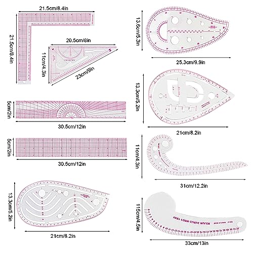 9 Styles Clear Metric Sewing Ruler Set, Plastic Sew French Curve Ruler for Designers, Pattern Maker, Sewing Templates