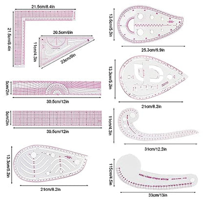 9 Styles Clear Metric Sewing Ruler Set, Plastic Sew French Curve Ruler for Designers, Pattern Maker, Sewing Templates
