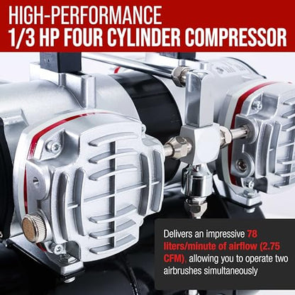 Master Airbrush TC-828 Airbrush Compressor with Tank- 1/3 HP Quad Cylinder - style: Quad Piston with Tank