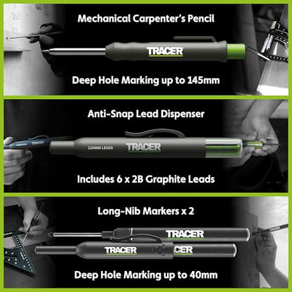 Tracer Complete Deep Hole Marking Kit - Includes Double-Tipped Long Head Deep Hole Permanent Marker and Deep Hole Construction Pencil with 6 Replacement Lead Dispenser Site Holster - style: 3pc Set