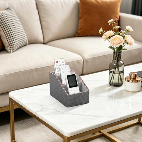 Rose Gold Edge Inlaid Leather Desktop Organizer, Remote Control Holder,Nightstand Remote Caddy, Multi-Functional Storage Box for Cellphone,Pens, Makeup Brushes, Lipsticks & Small Cosmetics (Grey) - color: Grey