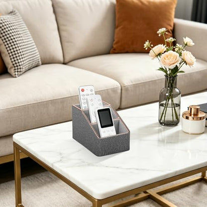 Rose Gold Edge Inlaid Leather Desktop Organizer, Remote Control Holder,Nightstand Remote Caddy, Multi-Functional Storage Box for Cellphone,Pens, Makeup Brushes, Lipsticks & Small Cosmetics (Grey) - color: Grey