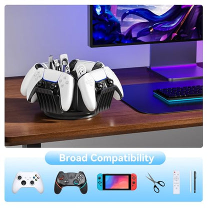 KDD Controller Organizer for Desktop - 360°Rotatable Controller Holder with Storage Box - Universal Stand for 4 Controllers, Desk Organizer for Switch Remote Control Pen Gamer Accessories
