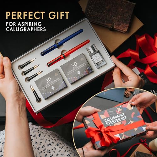 Wordsworth & Black Calligraphy Kit for Beginners, 2 Ink Pens, 5 Nibs, Blue - color: Red and Blue