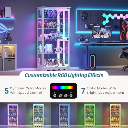 Dystler Display Cabinet with Glass Doors, RGB Lights for Collectibles - color: White