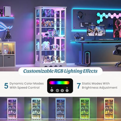 Dystler Display Cabinet with Glass Doors, RGB Lights for Collectibles - color: White