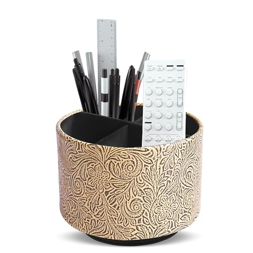 lizimandu Round Leather Art Supply Organizer,Remote Control Holder,360 Degree Spinning,Multi-Functional Pencil Holder,4 Compartments Desktop Stationary Organizer(1-Yellow Black) - color: 1-Yellow Black