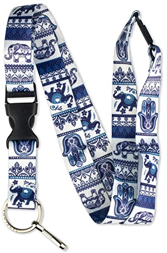 Limeloot Lanyard for Keys, ID Badge, Accessories | Neck Lanyard for Men and Women with Quick Release Buckle and Flat Ring - color: Blue Elephants