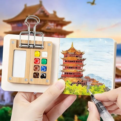 Mini Watercolor Travel Set with 8-Well Bamboo Palette and Sketchbook - color: Bamboo 8 Grids